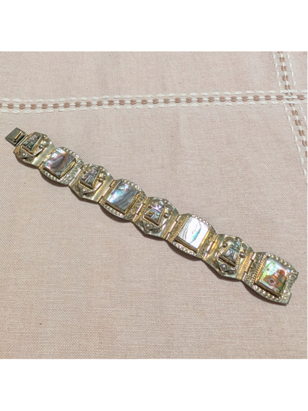 Vintage JPR Mexico 925 Sterling Silver Taxco Abalone Mask 8 Panel Bracelet 7"